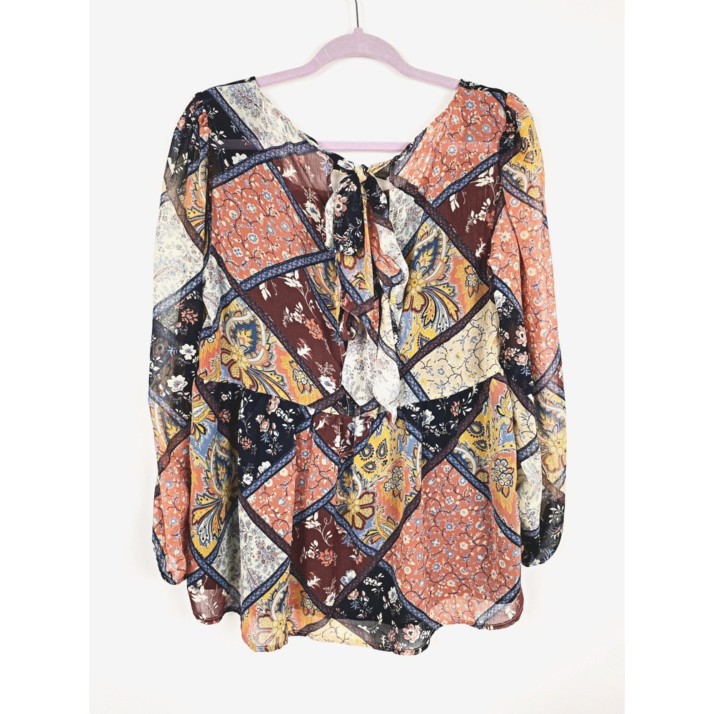 AEO Patchwork Floral Paisley Boho Peplum Blouse Tie Back Medium - Picture 5 of 9